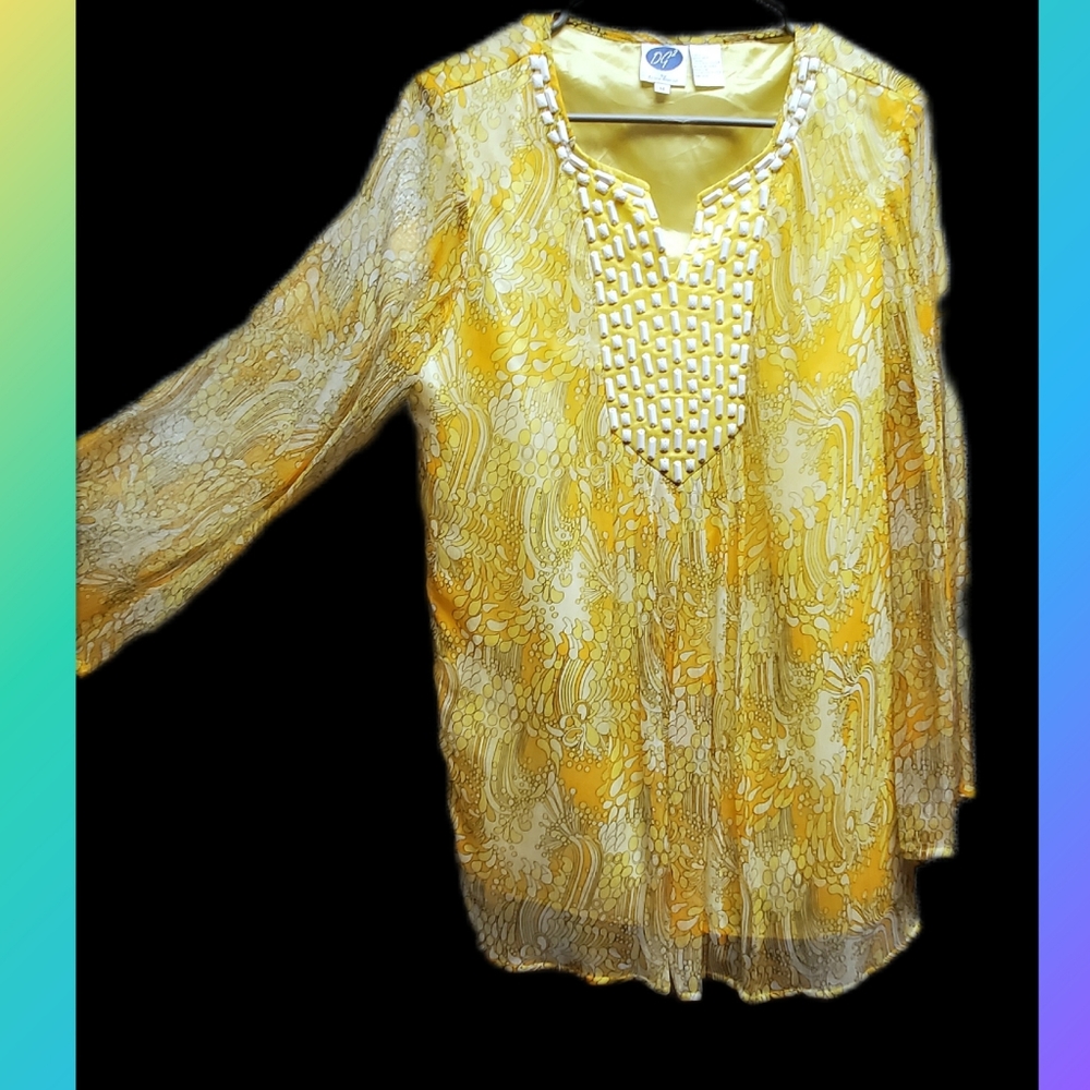 Honeysuckle Yellow Paisley Blouse White Beaded Neckline - Picture 8 of 12